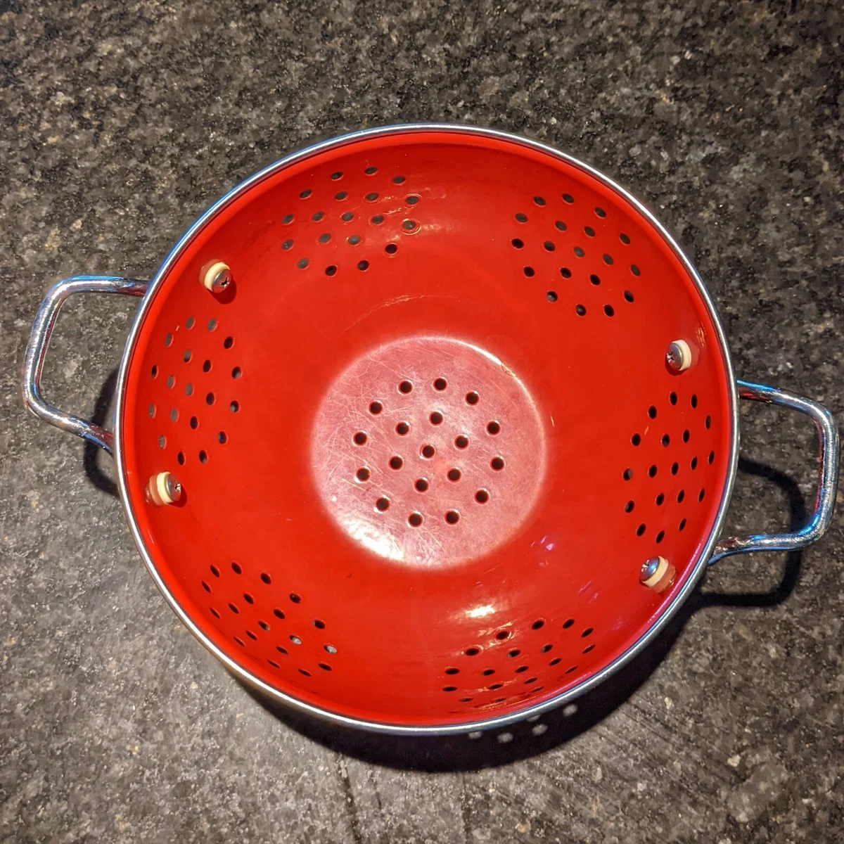 Small Red Enamel Metal Strainer Colander W Handles Vintage 7 1 4
