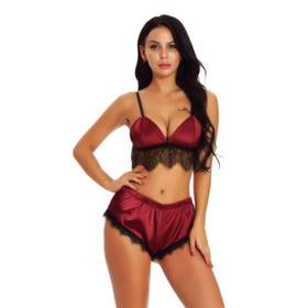 Women's Lingerie Bra and Shorts Set Thin Shoulder Lace Pajamas Set Underwear US
