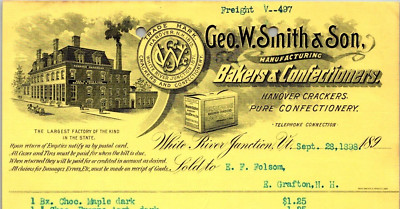 1898 GEO W SMITH BAKERS CONFECTIONERS BILLHEAD WHITE RIVER JUNCTION VT CV243
