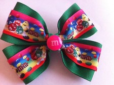 Girls Hair Bow 4" Wide M M's Ribbon Green Grosgrain Flatback French Barrette