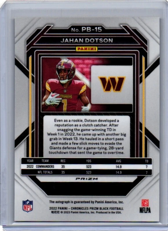 2022 Panini Chronicles - Prizm Black #PB-15 Jahan Dotson (RC) Autograph SP - Image 2 of 2