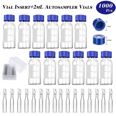 1000PCS 2ml HPLC GC Vials + Screw Caps+29*5.7mm Micro Vial Insert Plastic Spring