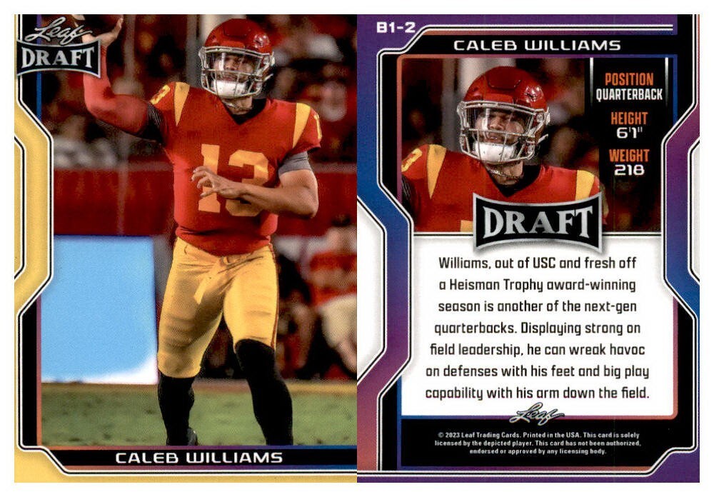 CALEB WILLIAMS 2023 Leaf Draft RC GOLD/YELLOW #B1-2 USC