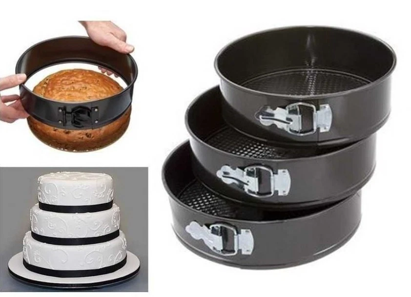 CAKE TIN SET OF 3 NON STICK SPRING FORM ROUND BAKING BAKE TRAY PAN