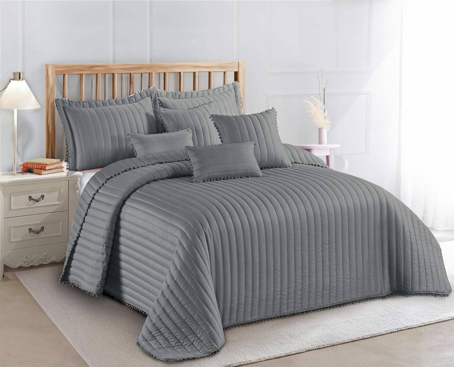 Luxury Pom Pom Bedspread Quilted 3 Pieces Comforter Bed Throw with