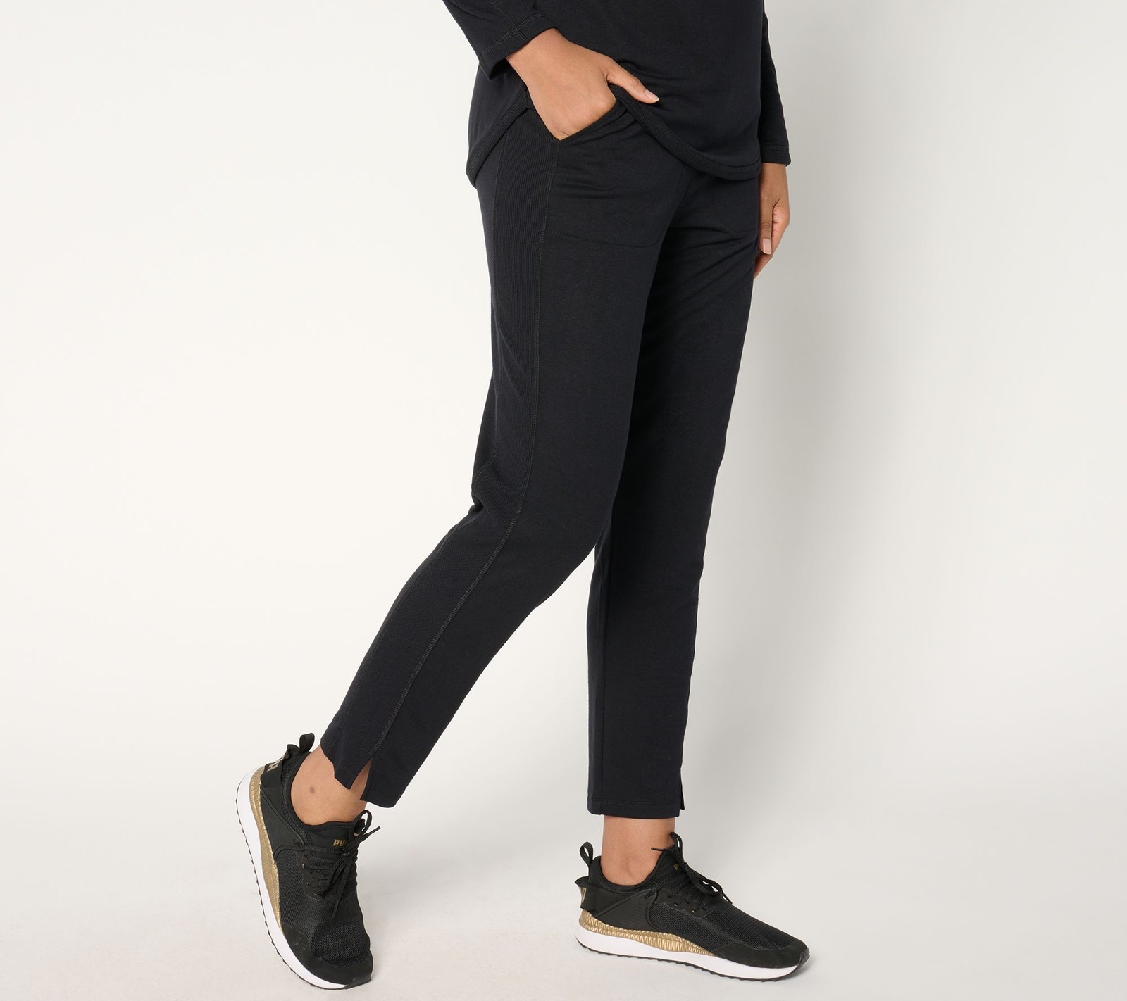 Denim & Co. Women's Pants Sz S Active Rib Mix Straight Leg Ankle Black A677845