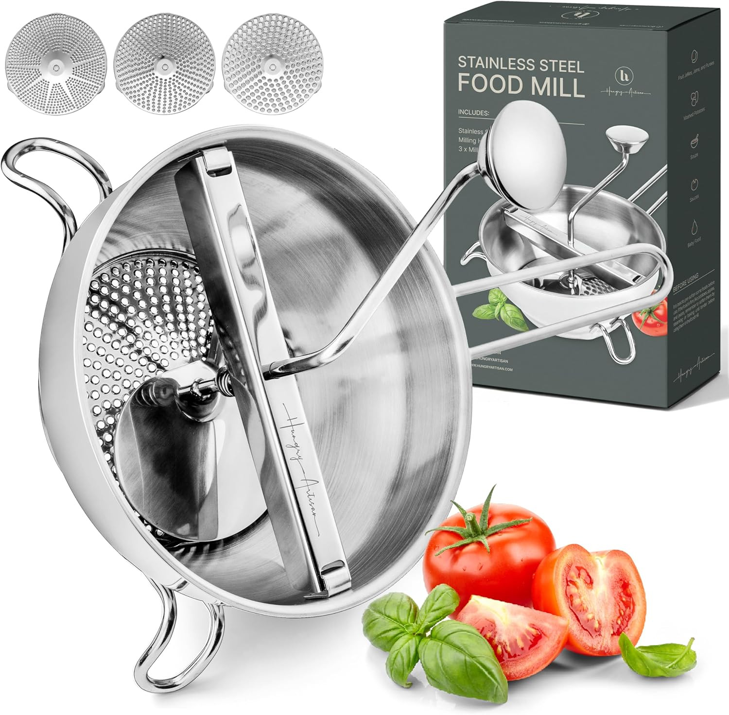 Ergonomic Food Mill Stainless Steel with 3 Grinding Discs - Rotary Food Mill for