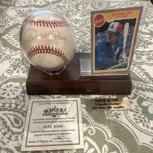 Pete Rose Autographed Baseball COA & Display Stand MLB Cincinnati Reds Cincy