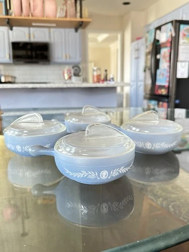 Vintage Glasbake Milk Glass French Blue Cameo Casserole Dish with lid