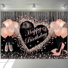 Sensfun Black Rose Gold Happy Birthday Backdrop for Women Pink Glitter Balloon H
