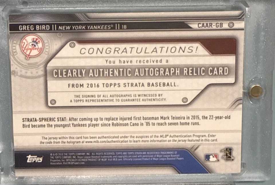 Strata Clearly Authentic Relics Green 2016/75 Greg Bird BGS 9 Rookie Auto RPA Foto 2 de 3