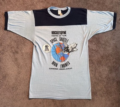 VTG Rocketdyne Powered Space Shuttle Ringer T-shirt Sz XL Blue NASA &0s Rocket