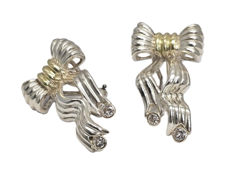 18 k Gold Sterling Silver Tiffany & Co Natural Diamond Ribbon Bow Earrings
