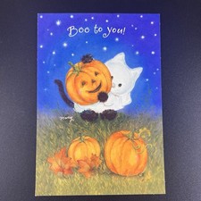 Halloween Greeting Card Mary Hamilton Ghost Black Cat w/ Pumpkin Vintage *USED*