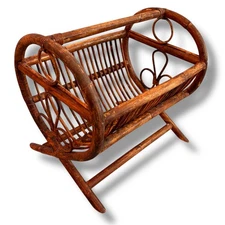Vtg Bamboo Magazine Rack Wood Rattan Country Cottagecore Rustic Farmhouse MCM
