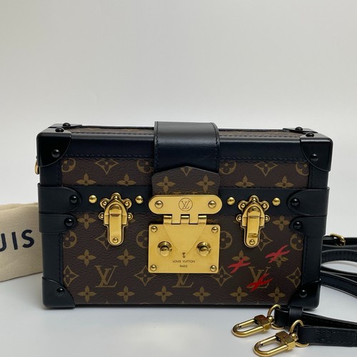LOUIS VUITTON Petite Malle Monogram Canvas Black Leather Trim Shoulder Bag GHW