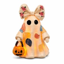 Halloween Figurine Lamps Ghost Night Light Cute Bow Ghost Statue with Pumpkin...