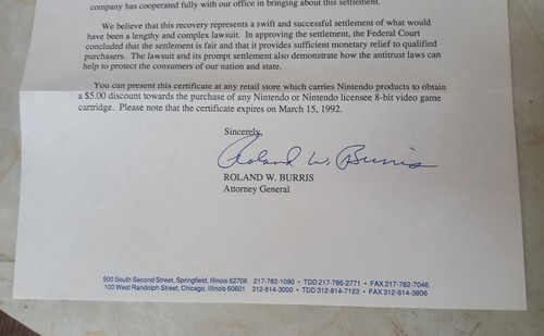 1991 Nintendo Lawsuit Instant Settlement $5 Certificate w envelope paperwork IL - Picture 8 of 8