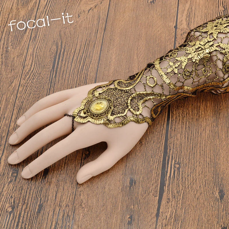 Women Bridal Gold Lace Gloves Fingerless Finger Chain for Evening