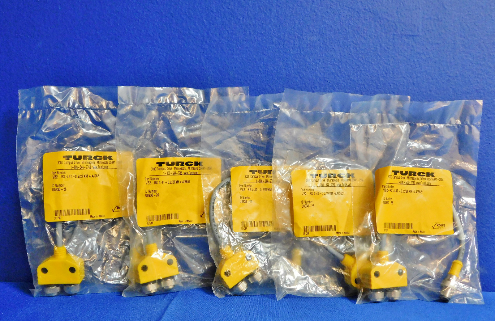 Turck VB2-RS 4.4T-0.2/FKM 4.4/S651 2 Branch Molded Junction Set of 5