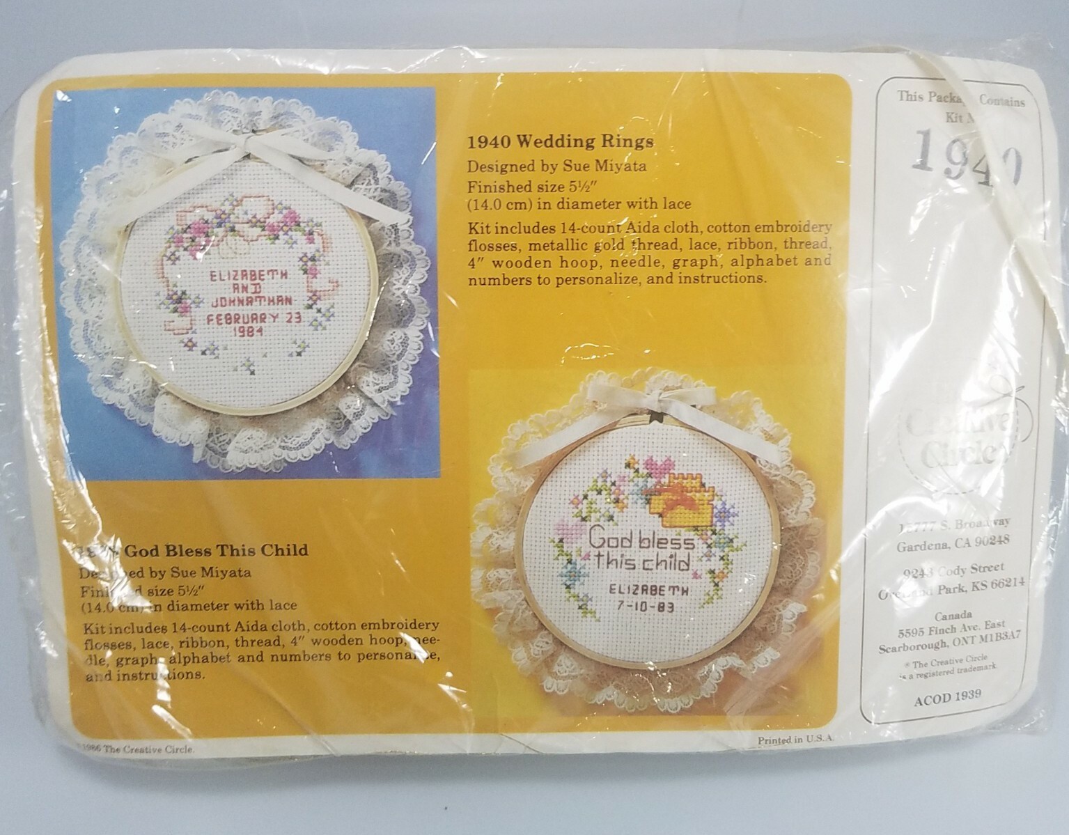 Vintage Cross Stitch Kit Creative Circle NIP Wedding Ring-Bless This Child #1940