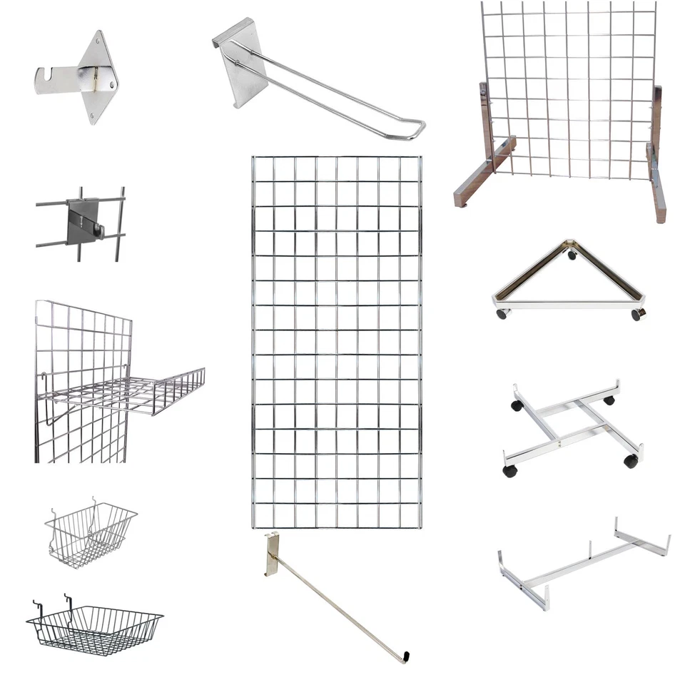 Gridwall Mesh Display Panels Chrome Accessories Hooks Basket Retail Shopfitting