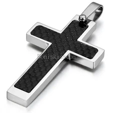 Men's Silver Stainless Steel Black Carbon Fiber Cross Pendant Necklace 22" Chain