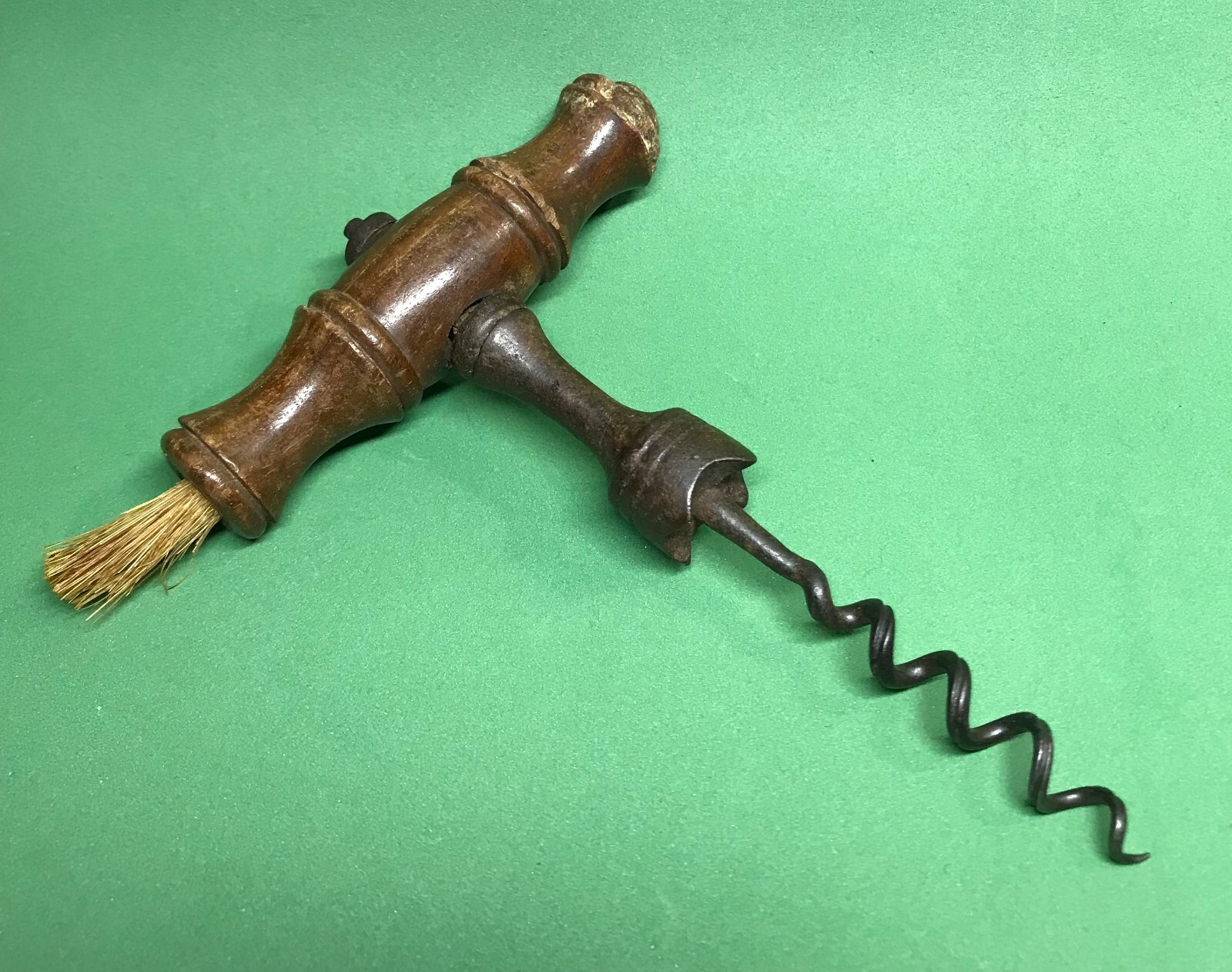 Antique Corkscrew Wood Handle & Steel Shaft & Dusting Brush From Portugal 5.5