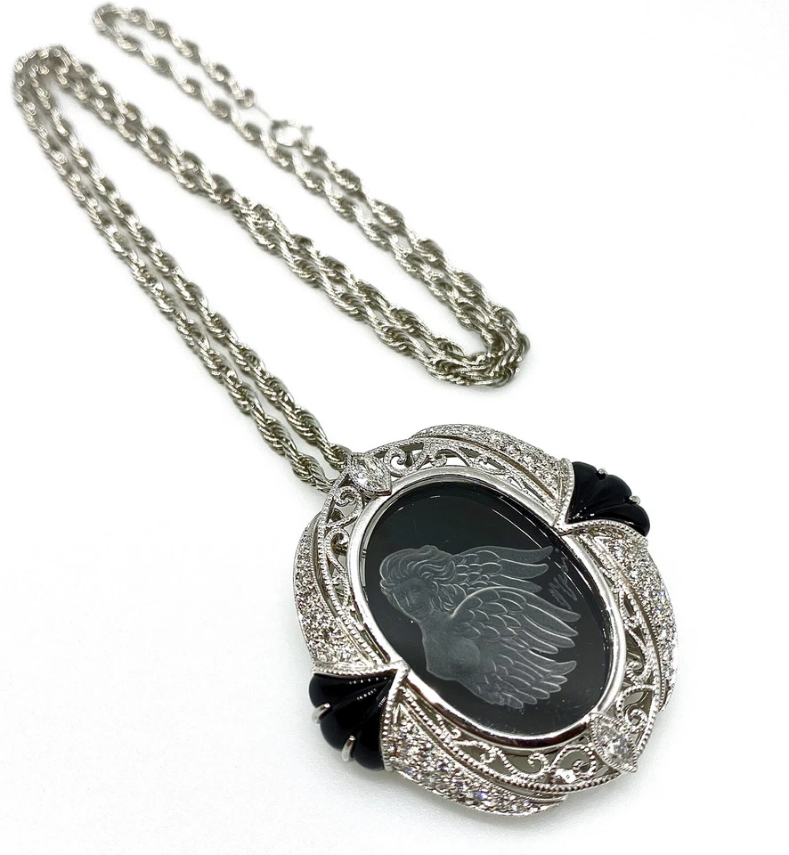 Carved Angel Pendant Brooch Necklace with Diamonds and in Platinum-HM2152SI