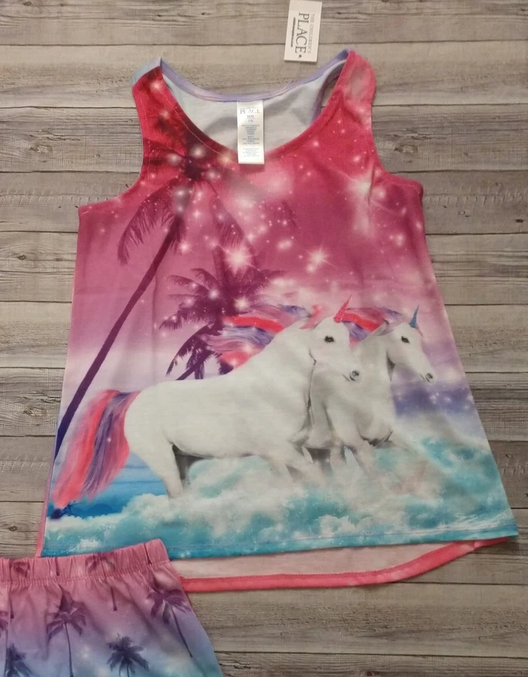 New! Girl's The Children's Place Tank & Shorts Unicorn Palm Printed Pajama Set - Image 2 of 3