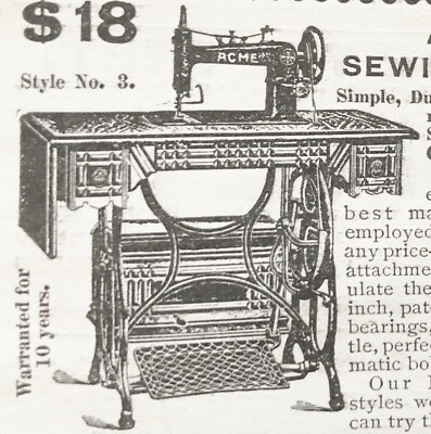 Antique ACME Style No. 3 Sewing Machine Cabinet Original 1898 Victorian Print Ad