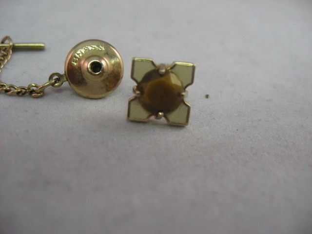 Very Nice & Beautiful Tiger's Eye White Enamel Flower Men's Tie Tack Lapel Pin ~