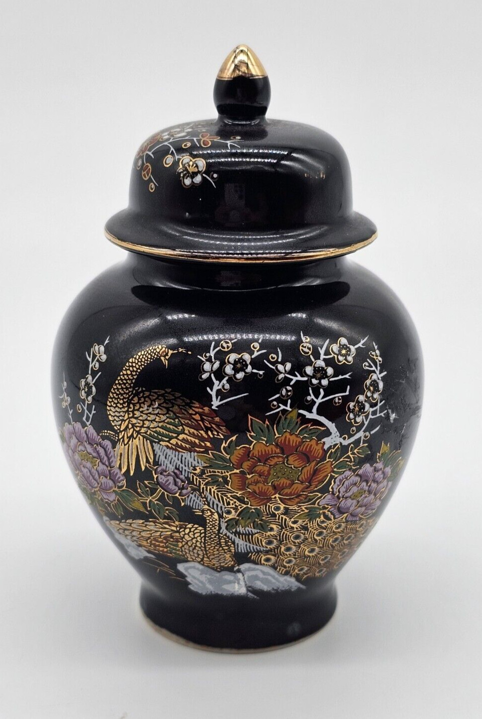 Asahi Japan Vase Black Floral Porcelain Peacock Ginger Jar Urn with Lid