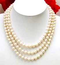 8-9mm Round Natural White Pearl Necklace for Women Fine Jewelry 3 Strands 17-19"