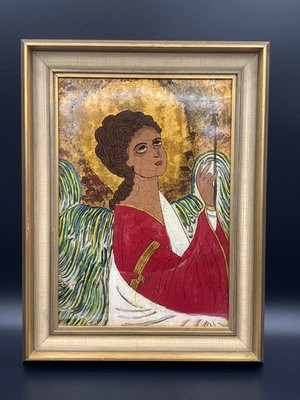 Saint Archangel Gabriel Religious Icon Reverse Painted Glass Technique Gold Foil