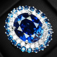 Double Halo Ring Royal Blue Sapphire 7.90ct 925 Sterling Silver Handmade Jewelry