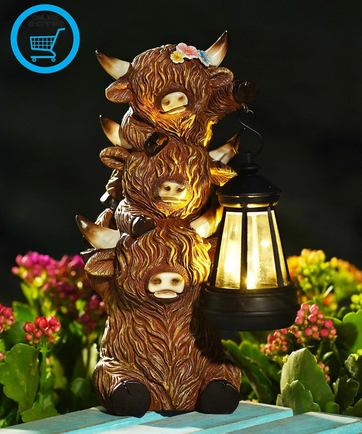 Solar Powered Highland Cow Garden Ornaments with Lantern | 3 Stacking Cows & Flo