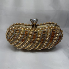Gold Beaded Clutch Evening Bag Pearl Rhinestone Frame Heart Clasp Satin