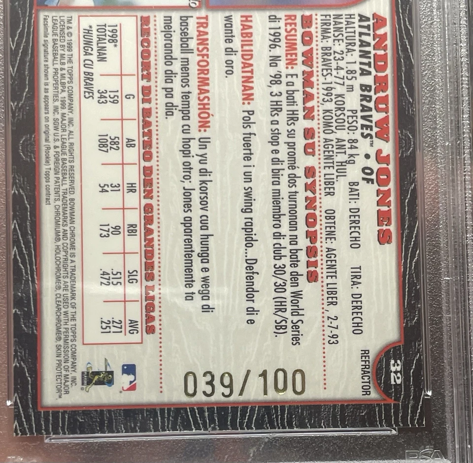 PSA 9 ANDRUW JONES 1999 Bowman Chrome International Refractor #/100 ATL BRAVES - Image 3 of 3