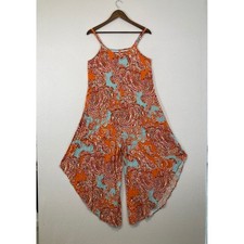 MSK Paisley Wide Leg Jumpsuit Womens Medium Orange Blue Boho Handkerchief Hem