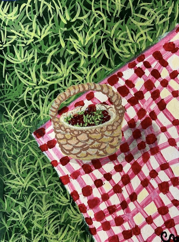 Aesthetic original food picnic OOAK Still Life,country,kitchen,art painted paper