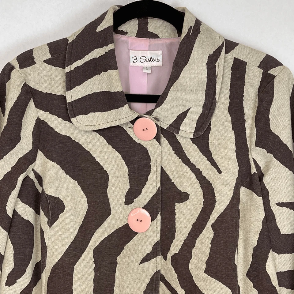 ¡LIQUIDACIÓN! Chaqueta 3 SISTERS Para Mujer Grande Marrón Lino Cebra Forrada Safari Foto 3 de 4