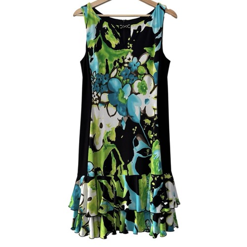 Joseph Ribkoff Black Green Floral Dress Blue Sleeveless Ruffle Layered Hem 10 - Picture 1 of 11