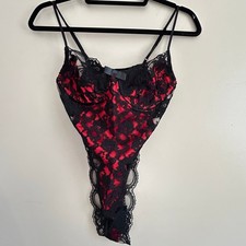Vintage Victoria  s Secret Red Satin Black Lace Teddy Bodysuit Medium USA