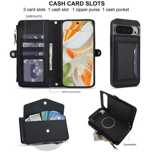 Magnetic Zipper Leather Card Wallet Phone Case For Google Pixel 8 9 Pro XL 8A 9A - 第 7/71 張圖片