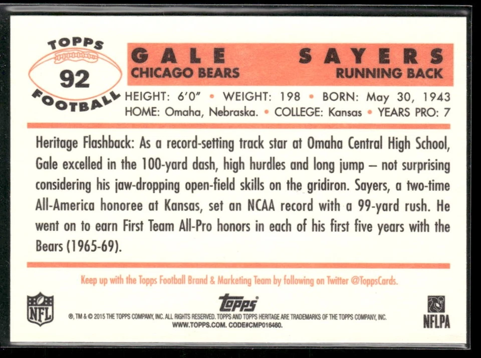 2015 Topps Heritage Holofoil Gale Sayers #92 Chicago Bears - Image 2 of 2