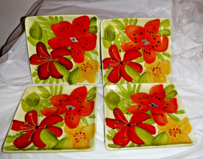 Laurie Gates~Gates Wear  Set of 4 Poppies Salad  Lunch Plates 8.75'' Ceramic NWOT