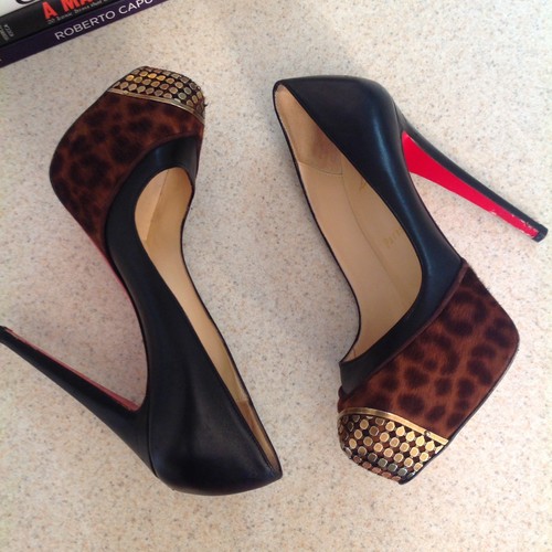Christian Louboutin Heels 35.5 MAGGIE Leopard Pony Platform Metal Toe Pump Shoes - Picture 9 of 12