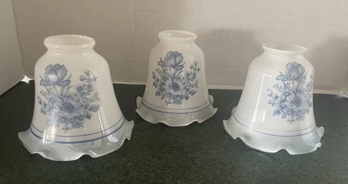 Blue Floral Set Of 3 Vintage White Milk Glass Ruffled Ceiling Fan Lamp Shades EC