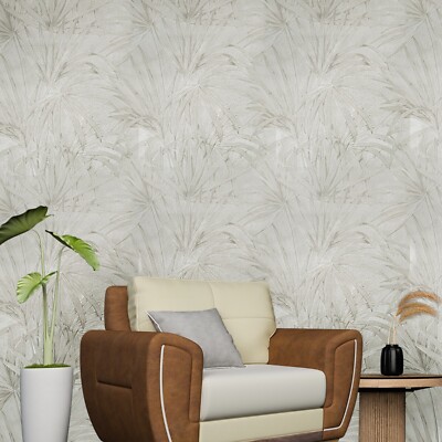 Floral tropical Beige Cream off white palm leaves modern textured wallpaper roll